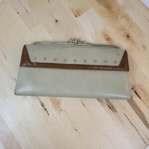 Vintage Ladies Wallet 8" Cream Beige Velvet Cowhide Gold Kiss Lock Checkbook